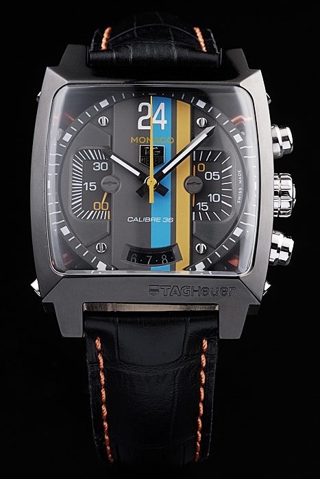 Tag Heuer Monaco Su o Black Leather Strap Blue Yellow Listrado Dial Black