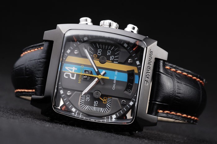 Tag Heuer Monaco Su o Black Leather Strap Blue Yellow Listrado Dial Black